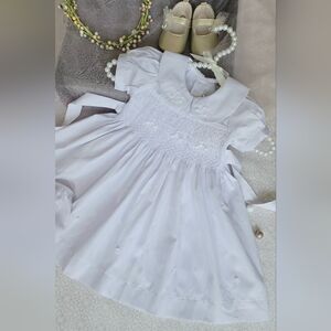 Pure White Hand-Smocked Embroidered Baby Girl Dress & Bloomers. Easter Dress 18M